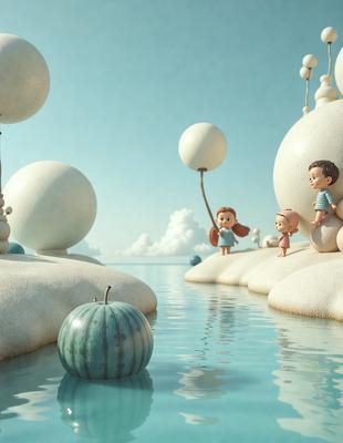 The primary subject of the image is a group of children standing on a rock in a body of water. The setting is a waterfront with a rocky shore, and the visual style is a digital art or illustration. The colors and mood of the image are predominantly blue and calm, creating a serene and peaceful atmosphere.